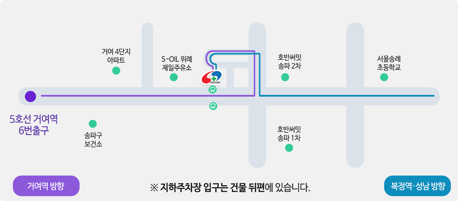 지하주차장 입구는 건물 뒤편에 있습니다.